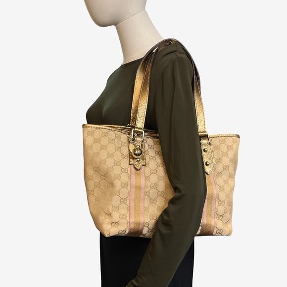 Gucci GG Canvas Gold Leather Trim Tote 137396 002404 with Charm & Cards - Picture 15 of 15